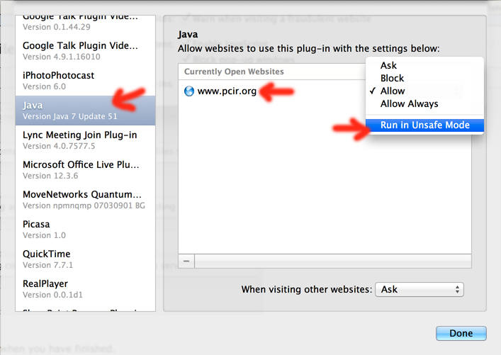 Screenshot of Safari Java Security Preferences for Java Plugin Setting Unsafe Mode